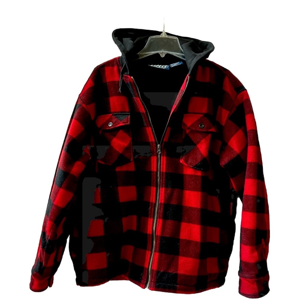 DHG Men’s Red Black Buffalo Plaid Hooded Workwear Jacket Fleece Lined Medium